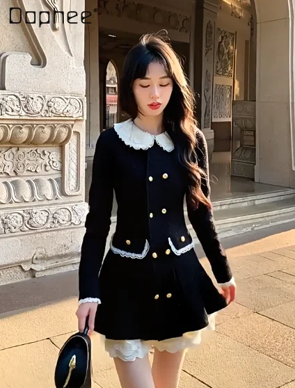 

Elegant Socialite Tweed Dress for Women Hepburn Style Sweet Cool Lace Doll Collar Double-Breasted Tweed A-Line Dresses Winter