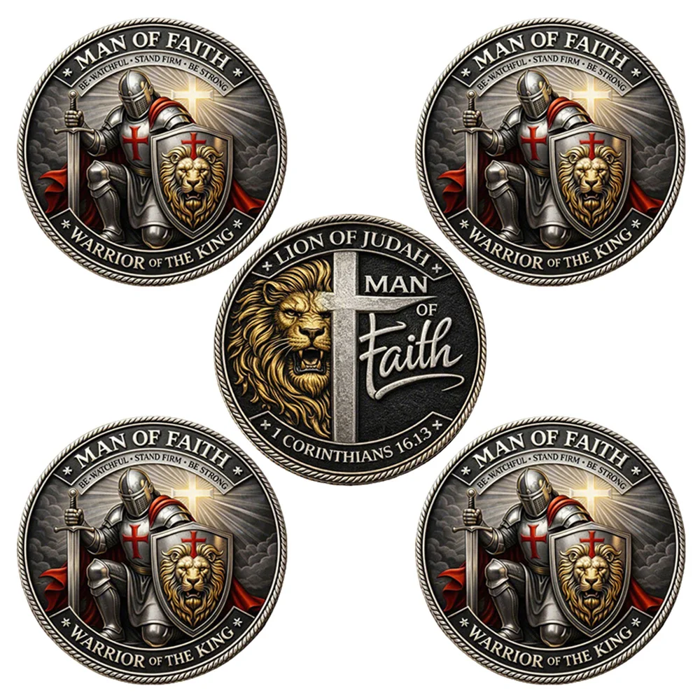 5pcs Lion of Judah Man of Faith Challenge Coins Templar Knight Warrior of The King Religious Coin Christian Faith Gifts for Him