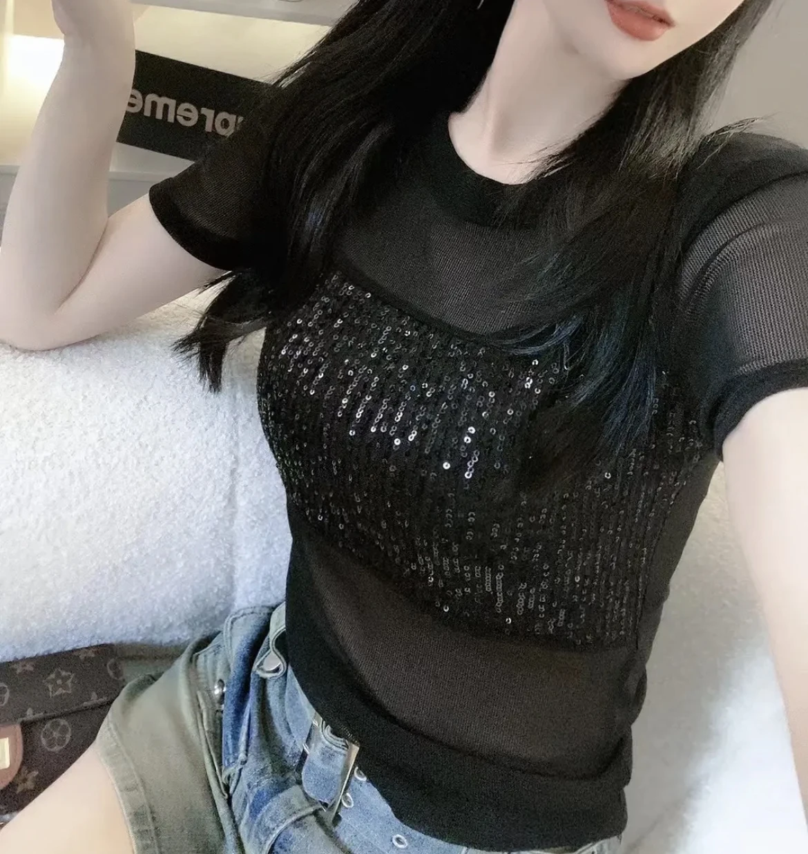 Summer 2024 Glittery Me Svel Top Women\'s Slim Fit ort Sve T-irt Heavy Embroidery round Ne Korean Sle Commute
