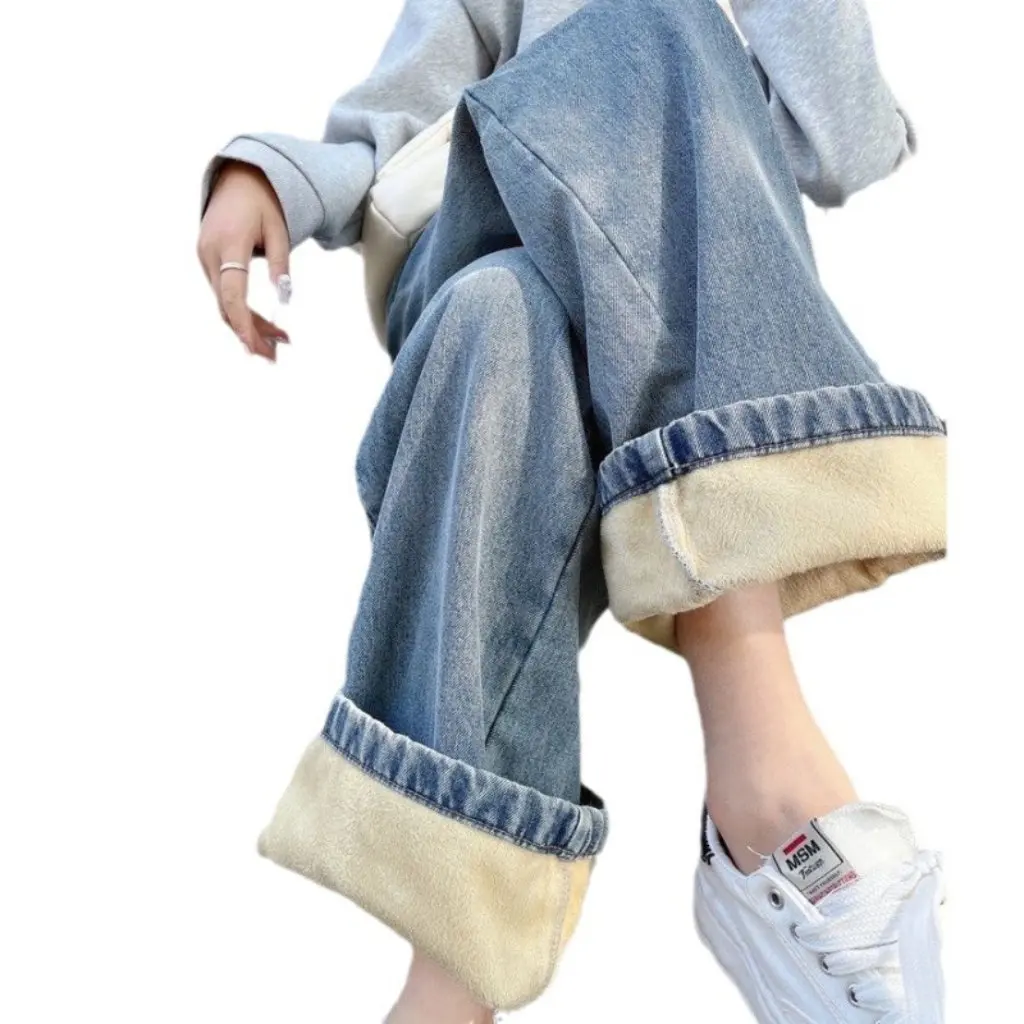 

Прямые джинсы с высокой талией для женщин, зимние утолщенные теплые свободные широкие брюки на флисовой подкладке, модная верхняя одежда длиной до пола