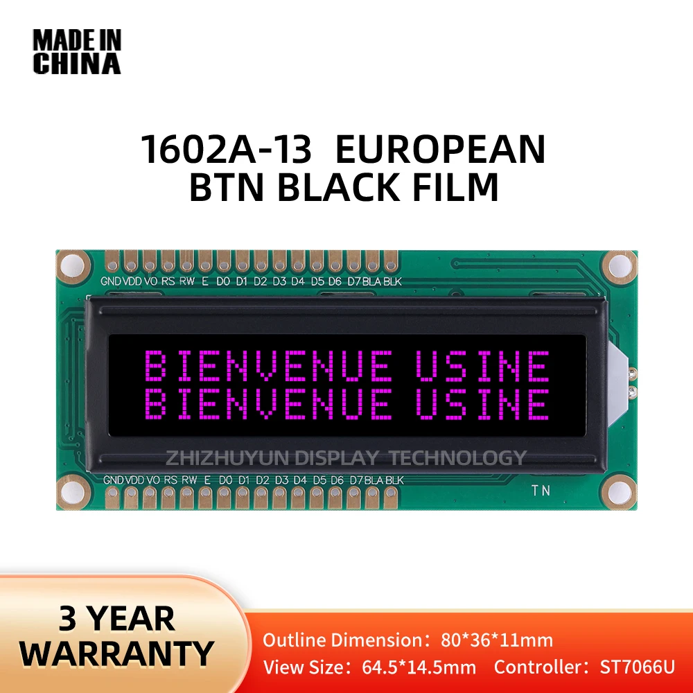 Módulo LCD de caracteres europeos 1602A-13, BTN, película negra púrpura, interfaz de doble fila, pantalla LCD, 80x36mm