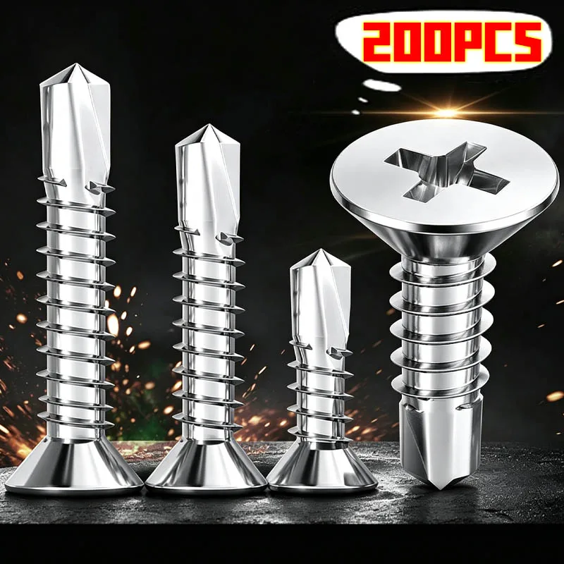 200/20x Self-Tapping Screws Cross Flat Head M4.2 Stainless Steel Phillips Screws Fastener for Wood Sheet Metal Repair Parts