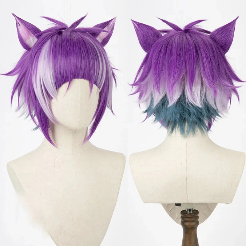 Twisted Wonderland Chenya Cosplay Halloween Party Heat Resistant Synthetic Hair Short Purple + Ear + Free Wig Cap gf;.9 view 3