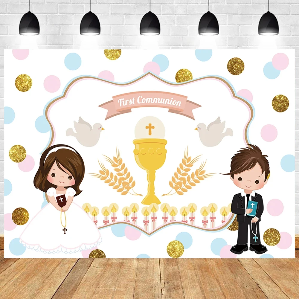 Mi Primera Comunión Theme Photography Boy And Girl Baptism Gold Cross Dove Flower First Communion Background Poster Photo Studio