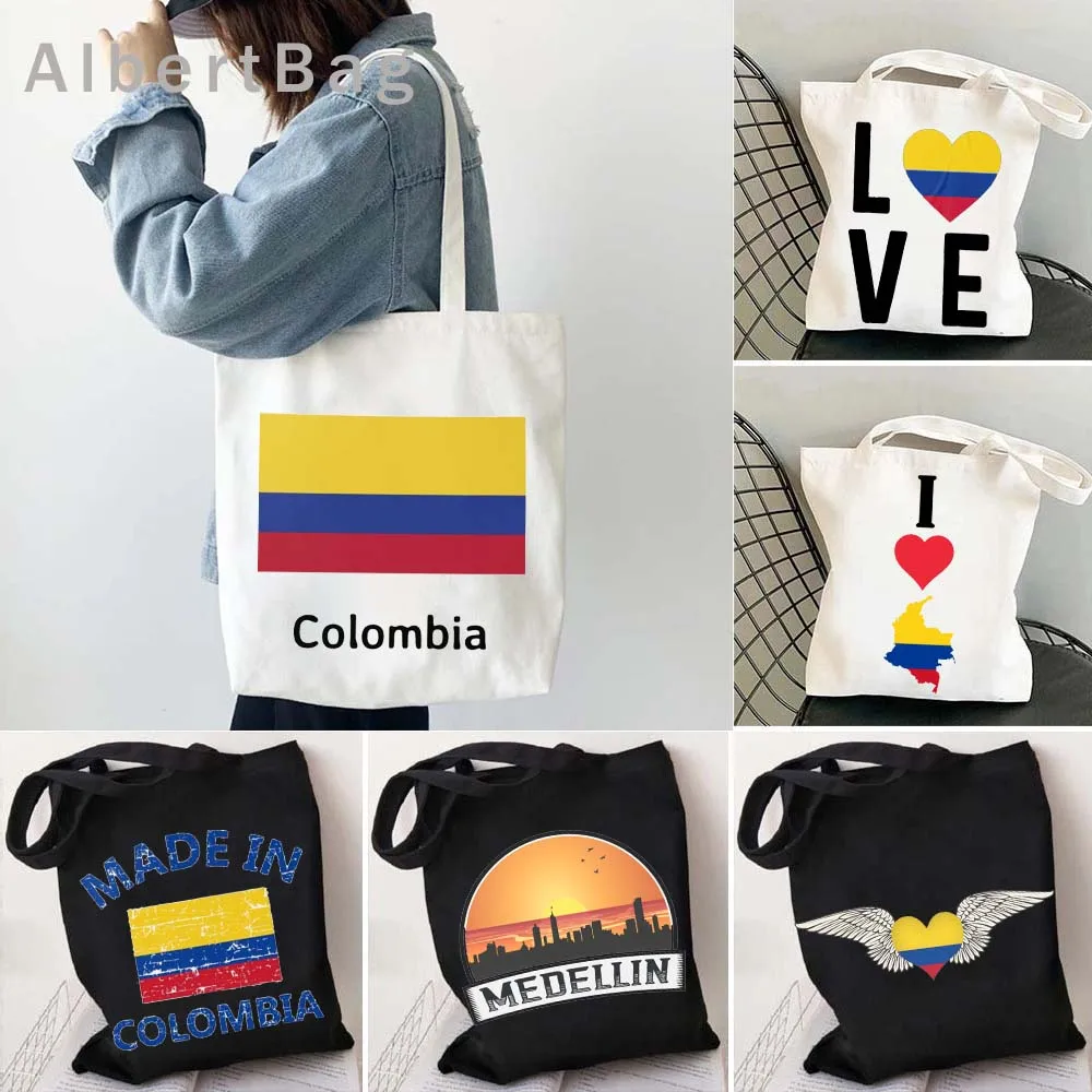 Colombia Coat of Arms Flag Map Cute Colombian Girl Medellin Cityscape Skyline Love Heart Bogota Canvas Shoulder Tote Bag Handbag