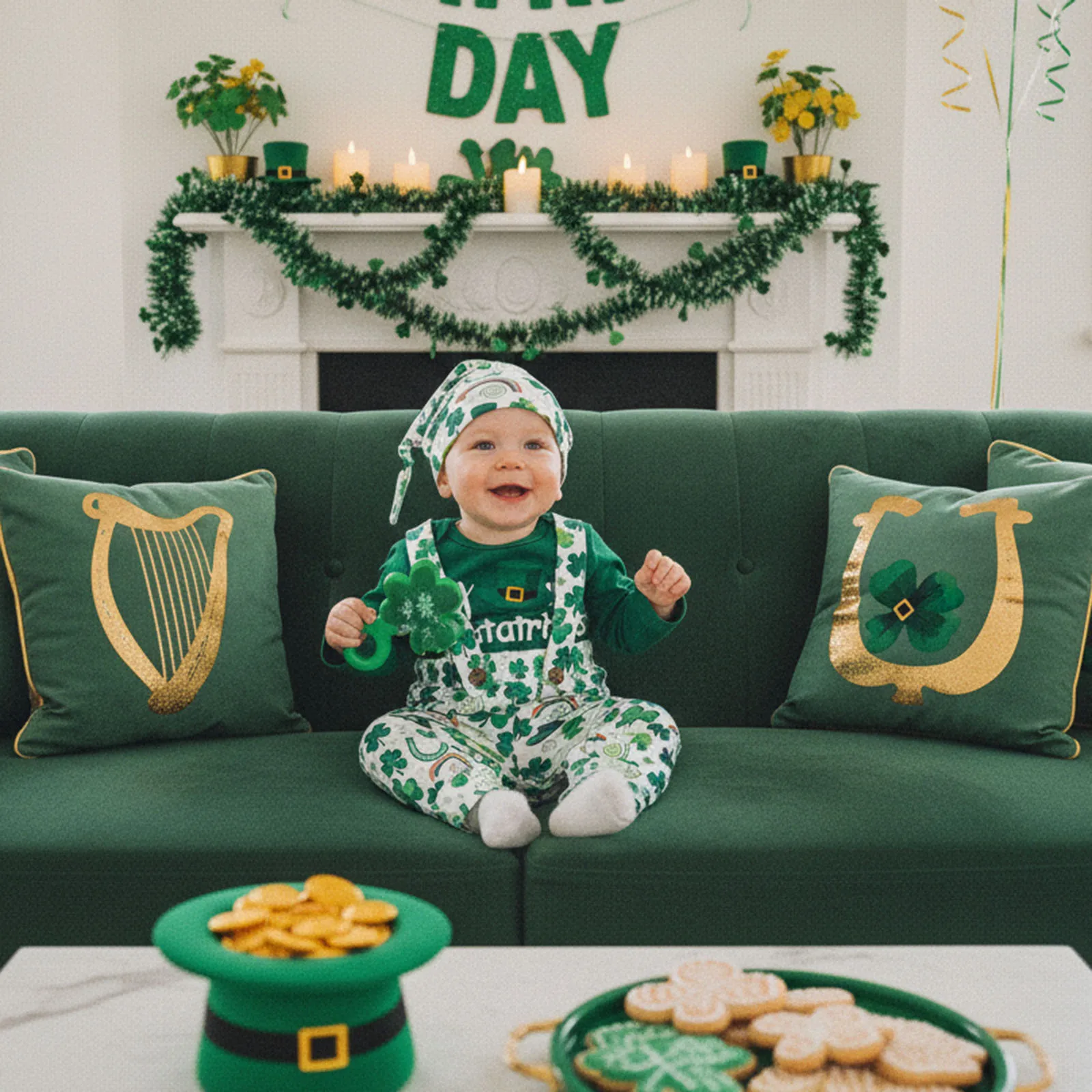 

Комплекты одежды для маленьких мальчиков в ирландском стиле, комбинезон с длинными рукавами и круглым вырезом с буквенным принтом, брюки на подтяжках с принтом клевера, шляпа