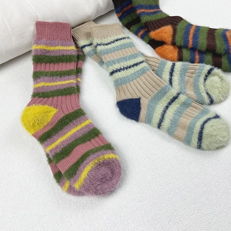 3 Paar lange, flauschige Damensocken mit mittlerer Wade, gestreift, farbblockierend, warm, für Herbst und Winter, lockere Socken für Mädchen, modisches Slouch-Socken-Set