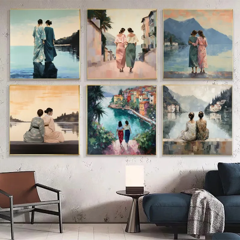 Lesbian Lovers Embracing Canvas Print Japan Italy Impressionist Wall Art Sapphic WLW LGBT Vintage Paint Decor Boho Aesthetic