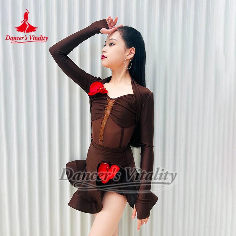 Kinderen Latin Turnpakje + Rok + Bovenkleding Mesh Splicing Training Danskleding Danser Vitaliteit Tieners Chacha Samba 3-delig Pak