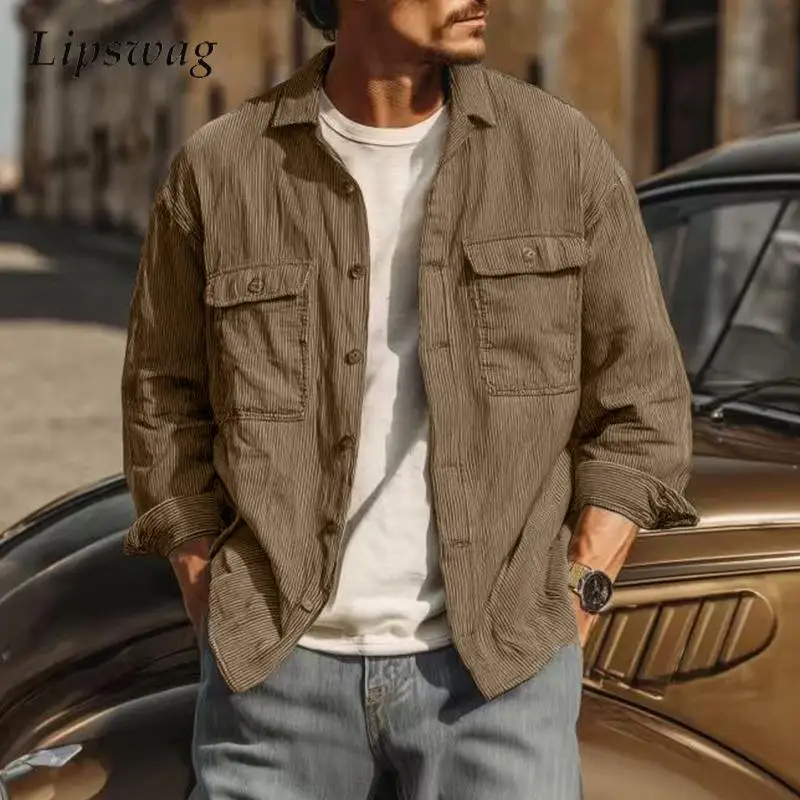 

Vintage Pockets Corduroy Cargo Jackets Mens Stylish Long Sleeve Buttoned Lapel Cardigan Tops Spring Autumn Outdoor Casual Coats