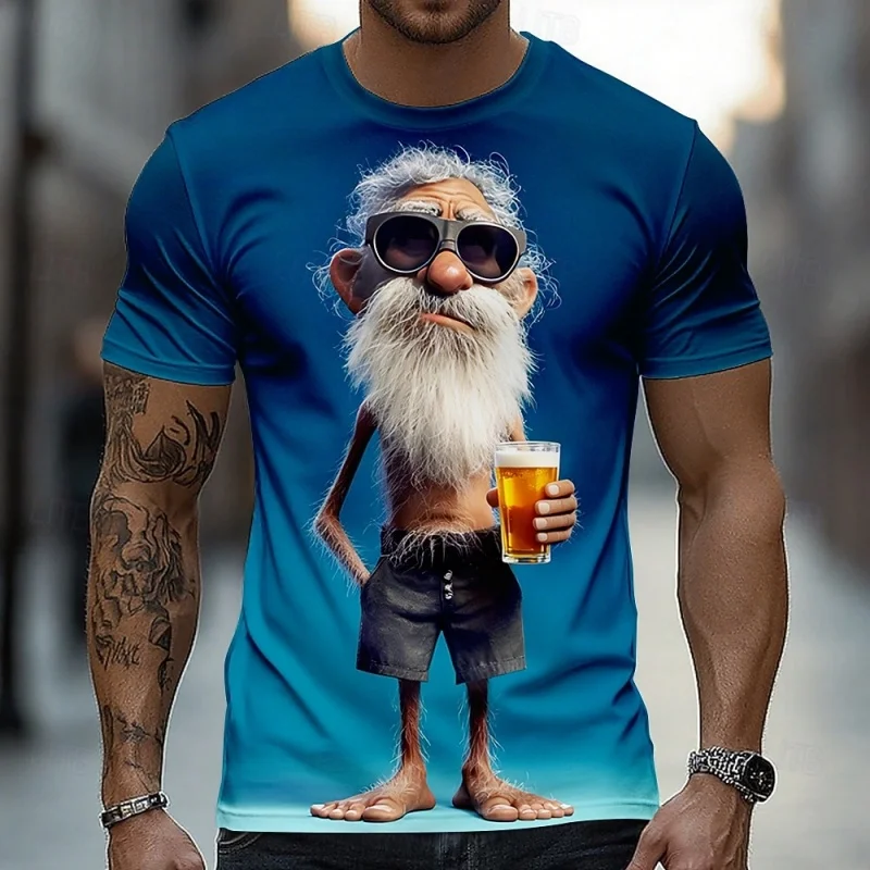 Cooler und interessanter alter Mann mit Sonnenbrille und Bier in der Hand, 3D-Druck, Sport-T-Shirt, schnell trocknend, atmungsaktiv, für Herren, Eltern-Kind-Kleidung