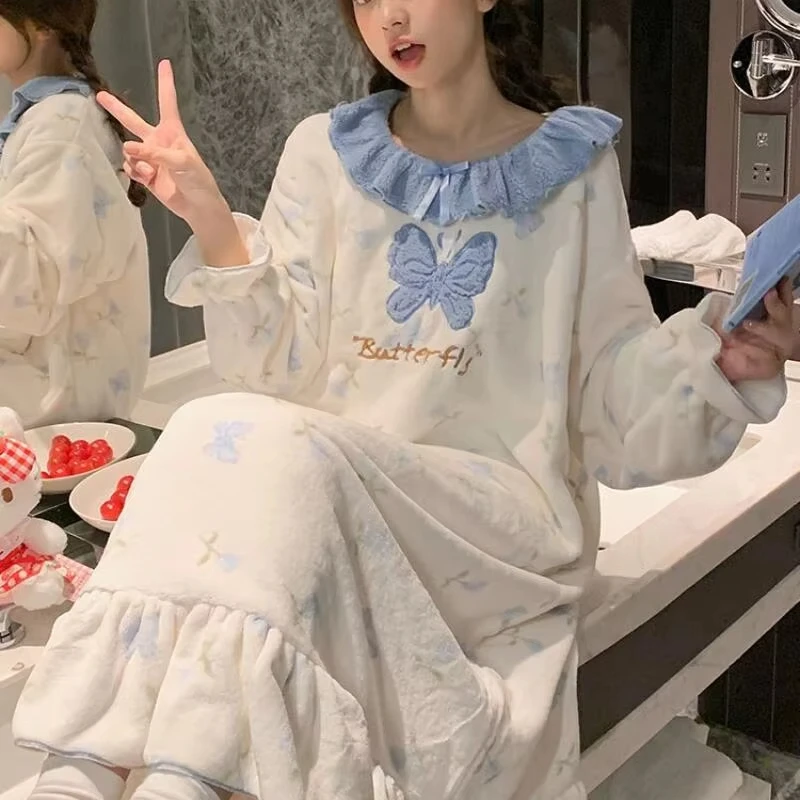 

Утепленный осенне-зимний женский халат, ночная рубашка, домашняя одежда, пижамы, фланелевая длинная юбка из кораллового флиса для девочек, домашняя одежда, верхняя одежда