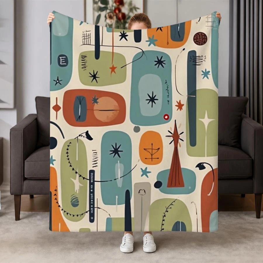 1pc Mid Century Modern Abstract Print Flannel Throw Blanket Retro Boho Home Decor Blanket for Couch Bed Sofa