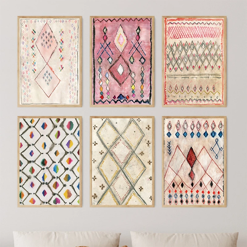 1PC  Moroccan Rug Watercolor Art Print Blush Pink Rug Painting Canvas Poster Modern Boho Wall Picture Morocco Travel Gift Hom