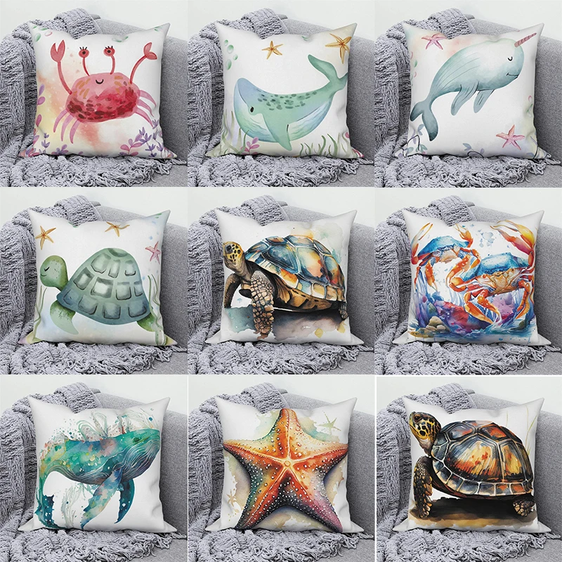 Whale Starfish Pattern Pillowcase Square Car Sofa Office Cushion Pillowcase