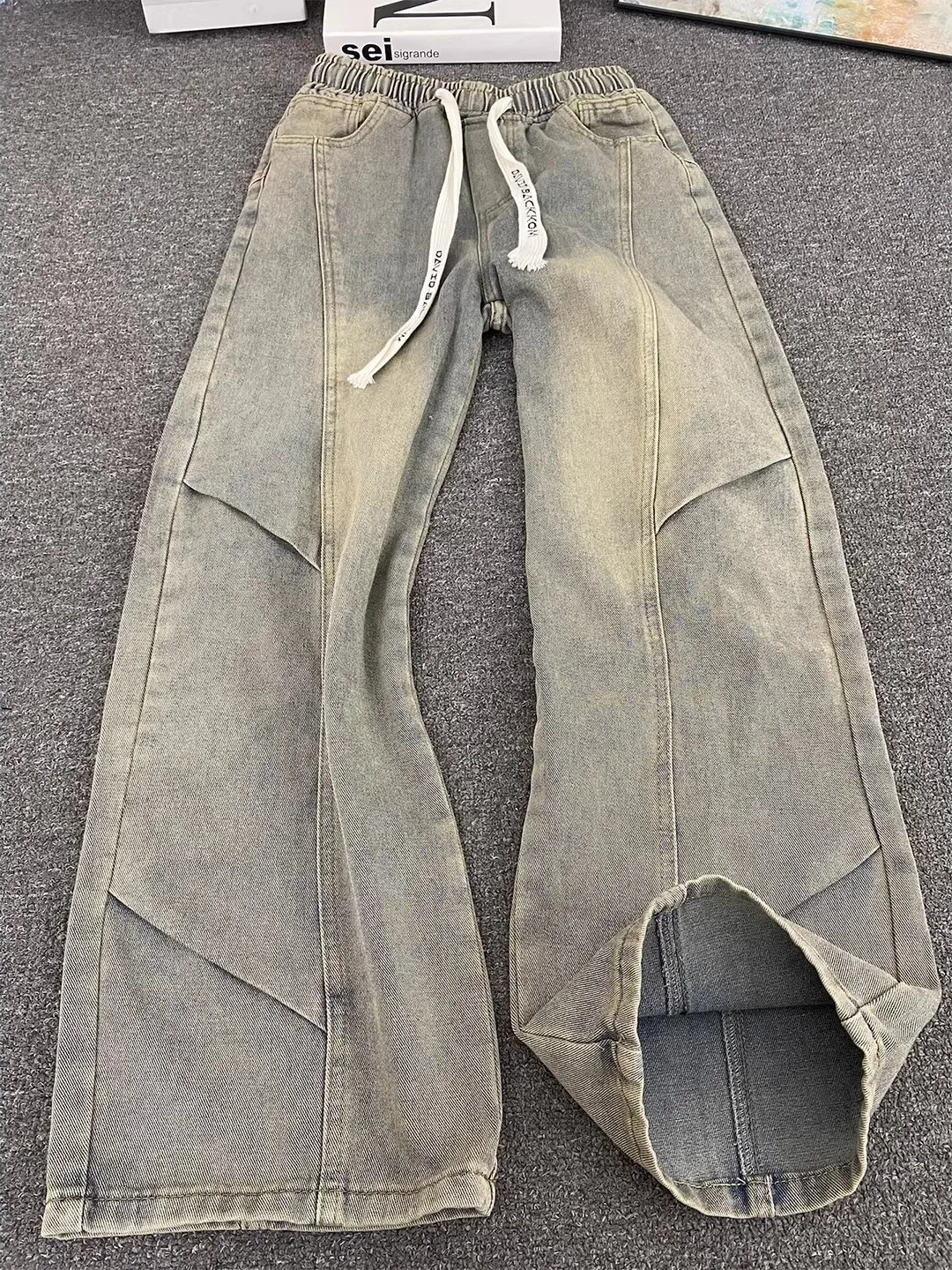 

Loose Wide Leg Workwear Jeans Men's Trendy Brand American High Street Haome Knife Pants Mud Yellow Deconstructed Design