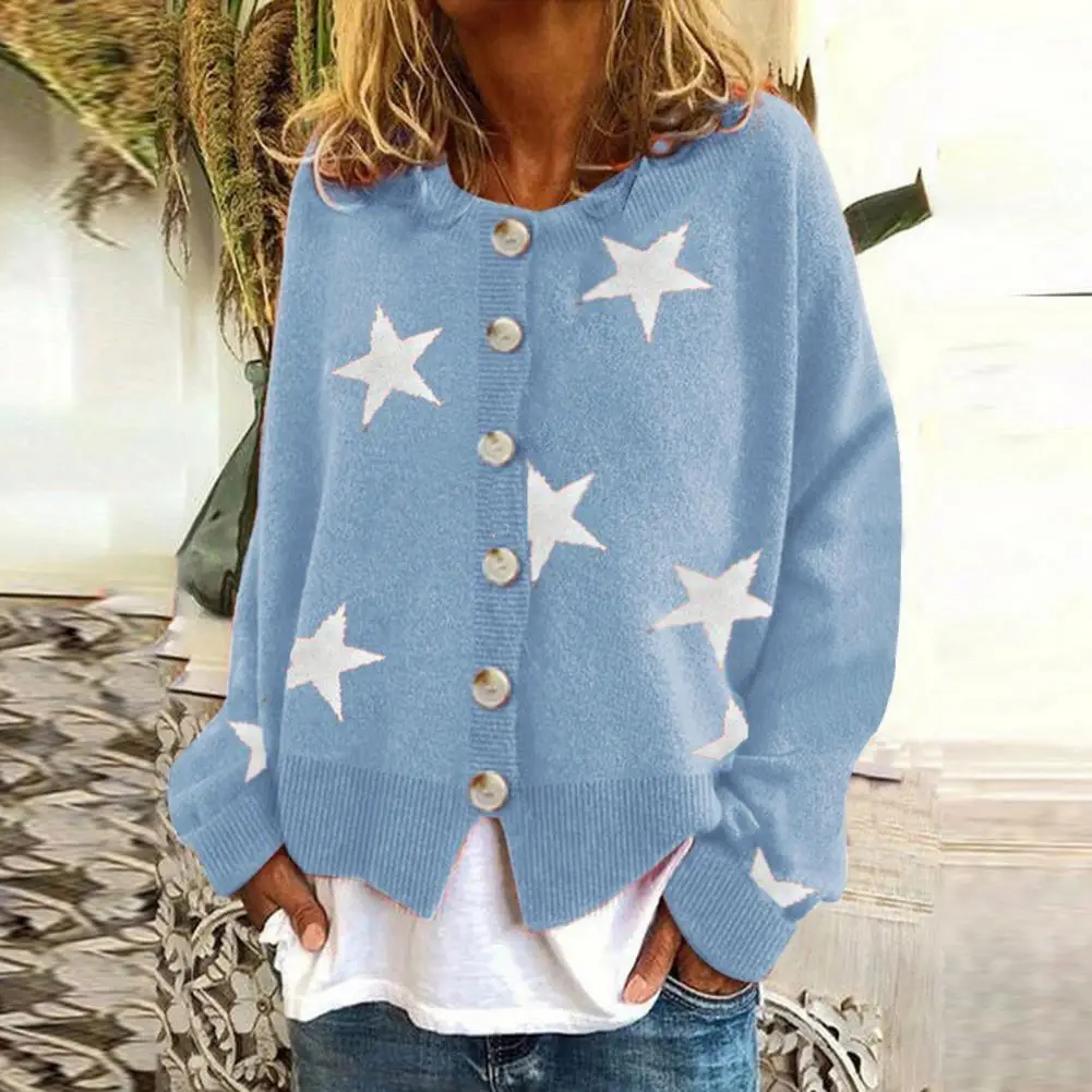 

O-Neck Long Sleeve Ribbed Cuffs Sweater Coat Autumn Winter Embroidery Star Print Buttons Placket Knitted Coat Cardigans Suéteres