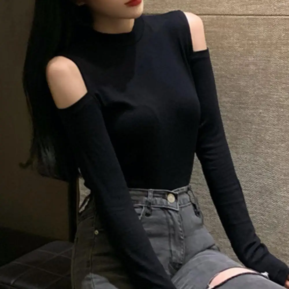 New Arrival 2020 Sexy Women Autumn Blouse Solid Color Cold Shoulder Long Sleeve Blouse Mock Neck Slim T-shirt For Female