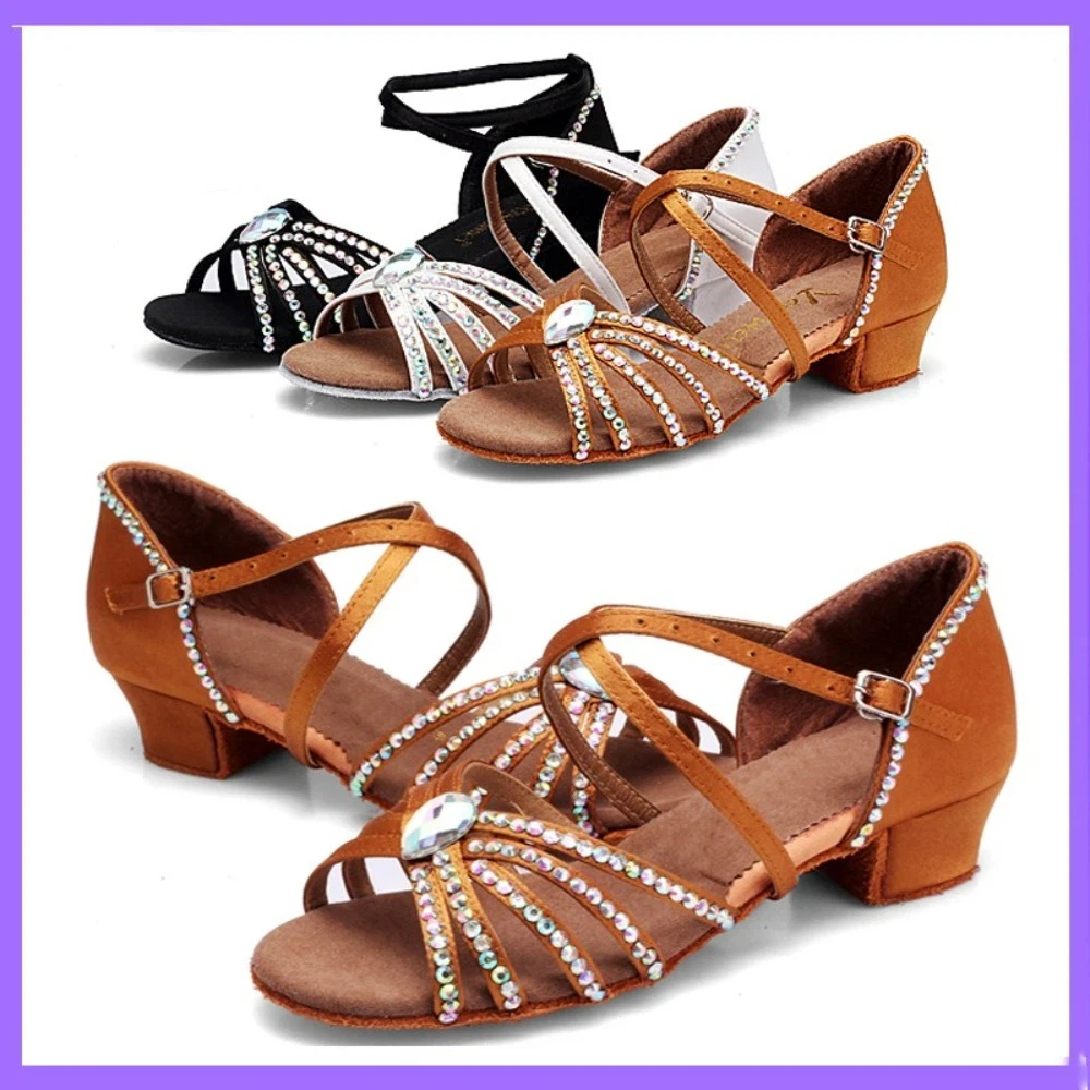 Low Heel Height Latin Dance Shoes Comfortable Fit Rhinestone Decor Ballroom Dance Shoes Breathable Flexible Sole