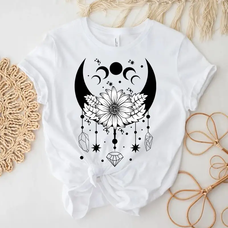 Witchy Moon Daisy Flower Crystals Shirt Women Short Sleeve T shirt Graphic