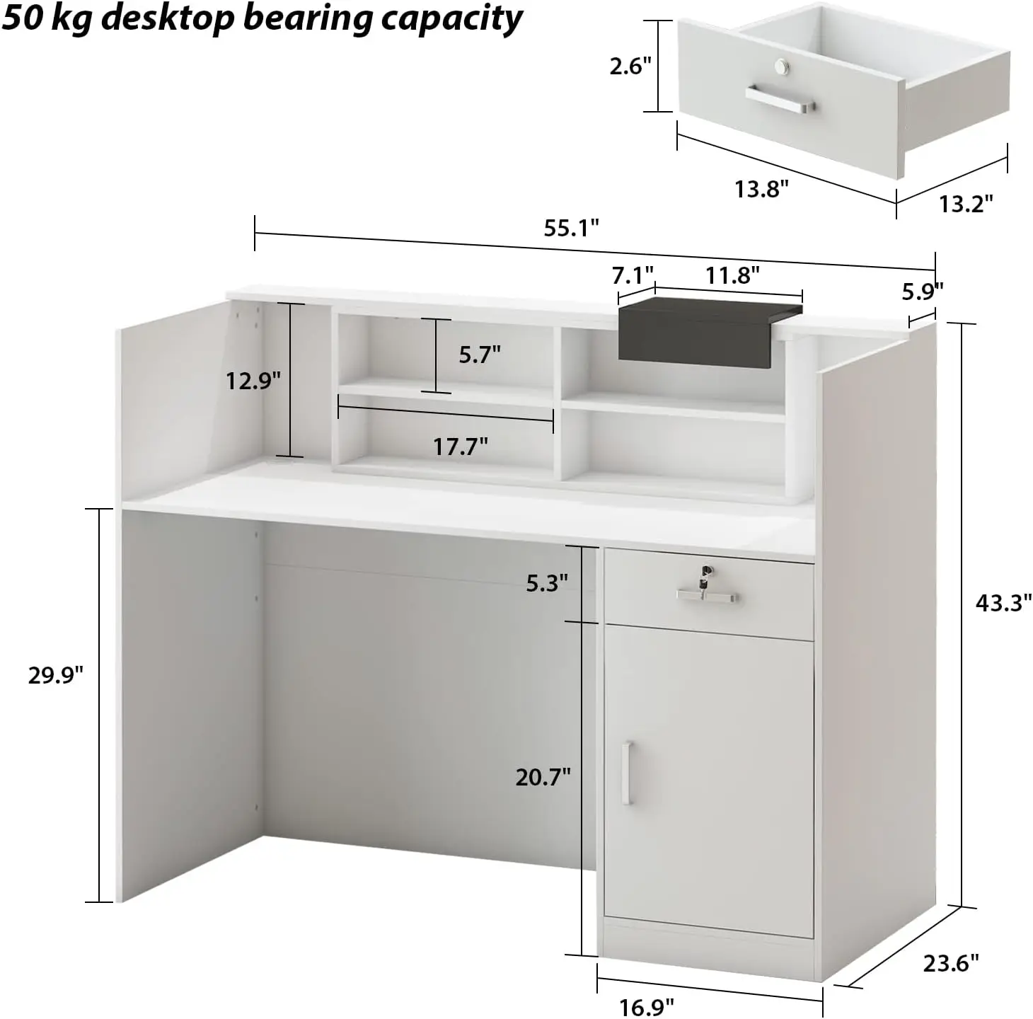 Aiegle Reception Counter Desk With Adjustable Shelf & Lockable Drawersfor Salon Reception Room Checkout Office, White (55.1"" L