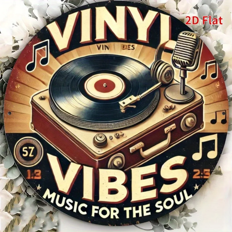 2D Flat, 2D Flat print 1pc Metal iron sign2D Flat, Vintage Record Player & Microphone Wall Art - VINYL VIBES Music Decor - Retro