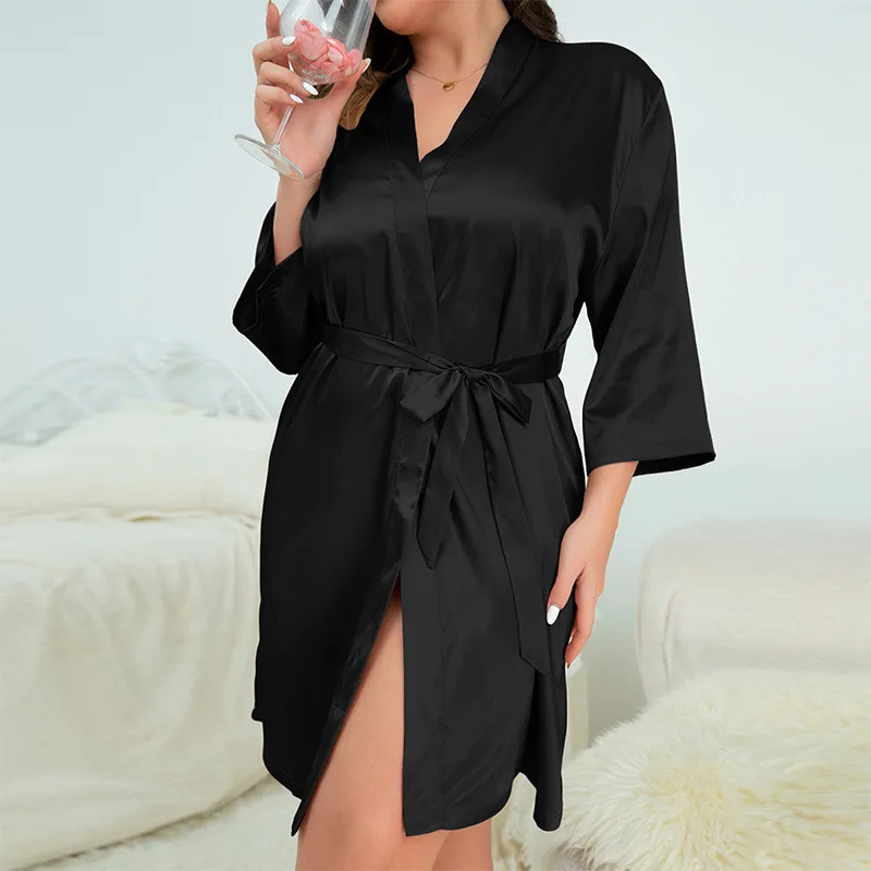 Fashion Solid Color Plus Size Pajamas for Women Ice Silk Bathrobes Sexy Morning Gowns Home Wear Casual Imitation Silk Nightgowns