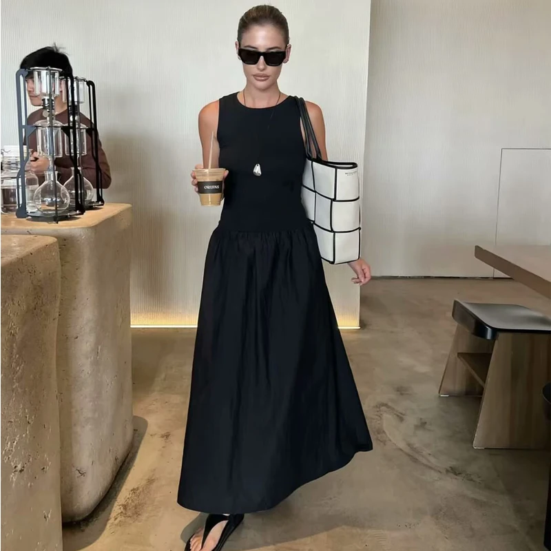 MUJER Black Pleated Long Dresses for Women Knitted Sleeveless Maxi Dress Woman Vintage Party Womens Dresses Spring Casual Dress image 6
