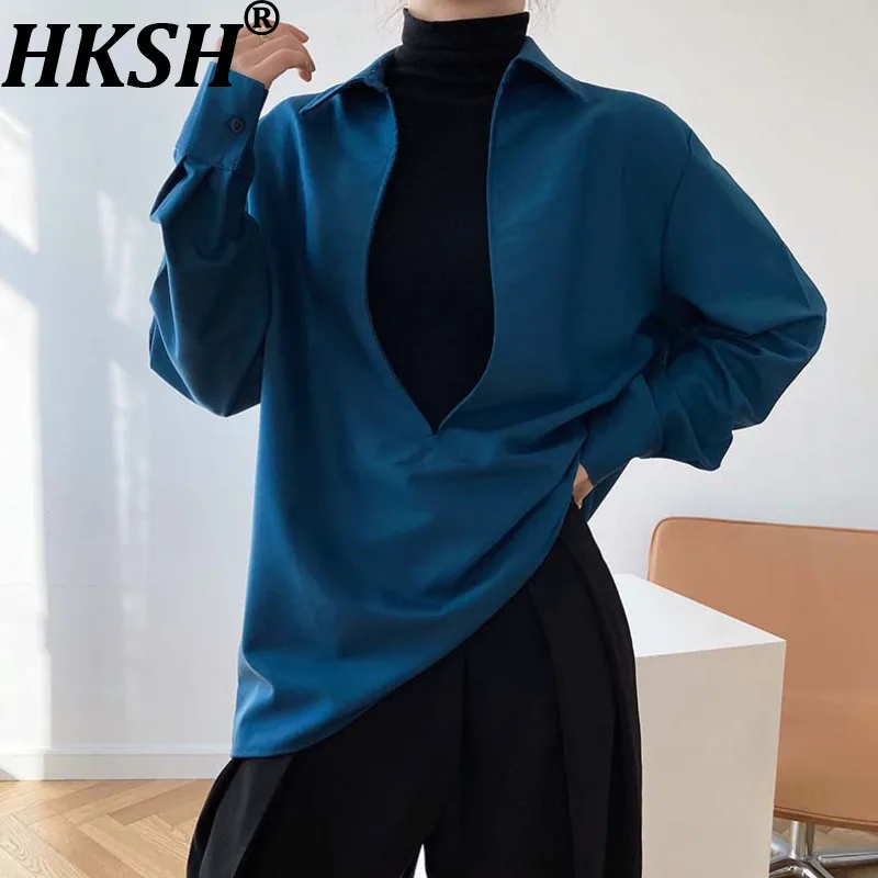 

HKSH Autumn New Women Shirt Turn-down Collar Pullover Solid Color Long Sleeved V-neck Korean Elegant Fashion Casual Tops HK11734