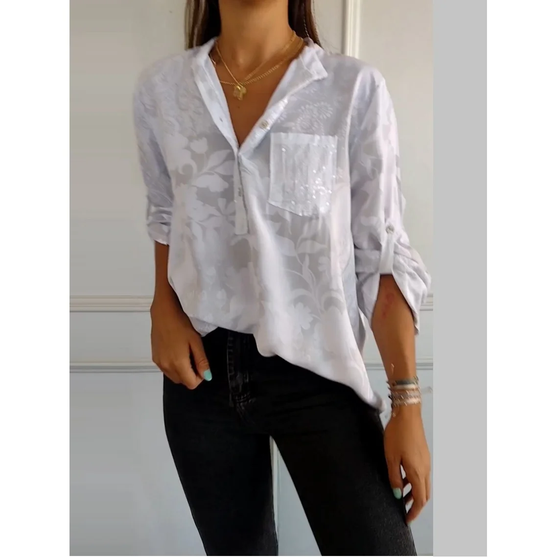 

Ele Faionable Printed irt Top Women's Summer New Arrival Polyester Fabric Stand Collar Svel Loose Fit Blouse