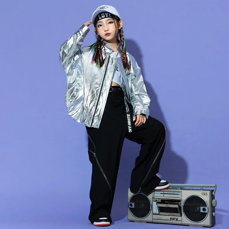 طفل الهيب هوب الملابس الفضة بولي Motorcycle دراجة نارية سترة معطف أسود عادية واسعة سستة السراويل لفتاة صبي الجاز ملابس رقص الملابس #4