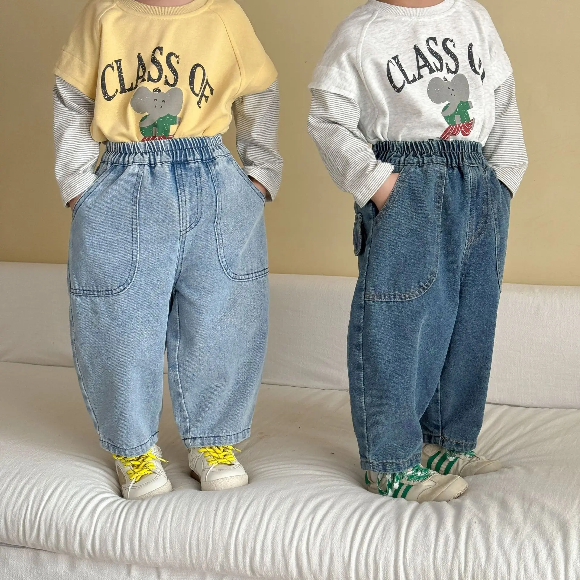 2026 Autumn New Children Denim Trousers Fashion Girls Loose Jeans Solid Boys Pocket Casual Pants Kids Clothes 2