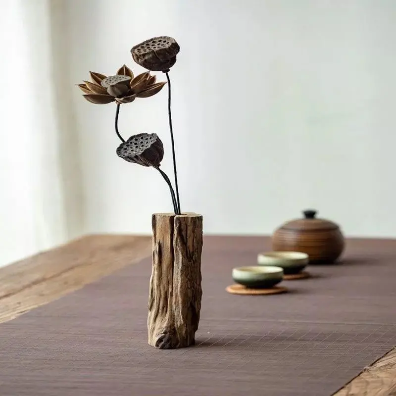 Chinese Retro Living Room Decoration Solid Wood Dried Flower Vase Home Decoration Coffee Table Flower Arrangement Accessories