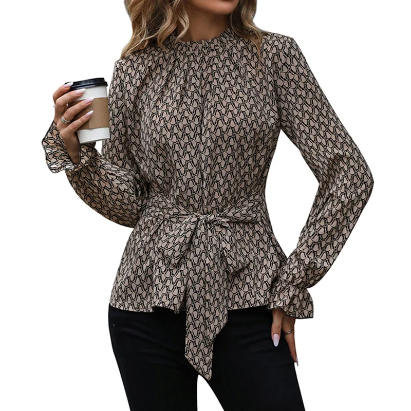 Camicia 2025 Autunno Nuovo stile Lace Up Camicia stampata a maniche lunghe da donna Pullover