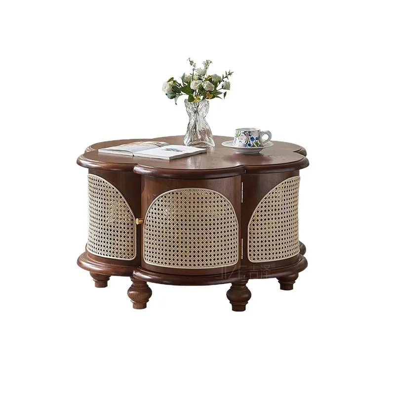 Retro rattan coffee table small apartment household antique ash wood light luxury living room round table