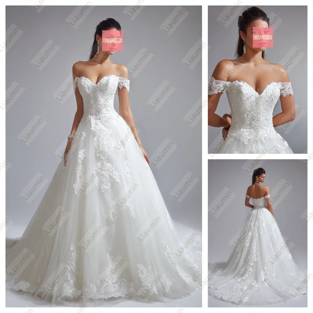 جديد كلاسيكي أبيض أو عاجي تول مع الديكور الدانتيل متابعة الظهر فساتين الزفاف الزفاف طول الأرض يدوية مخصصة W19-44 #1