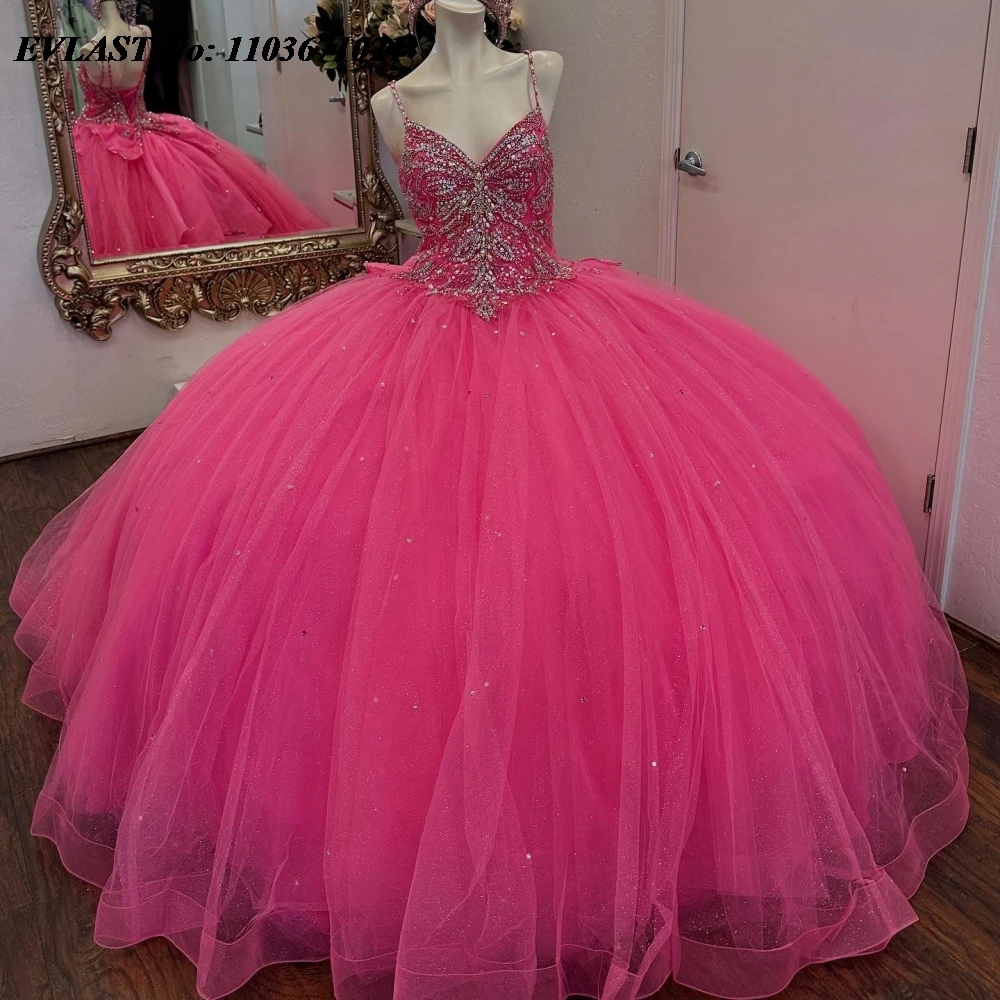 

EVLAST Elegant Pink Quinnceanera Dress Ball Gown Shiny Applique Beaded Crystal Mexican Corset Sweet 16 Vestidos De 15 Anos SQ690