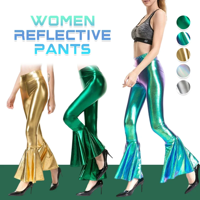 Women's Metallic Shiny Laser Flare Trousers Wetlook Ruffle Skinny Stretch Pants Club Retro 70s Disco Dance Trousers Bell Bottoms