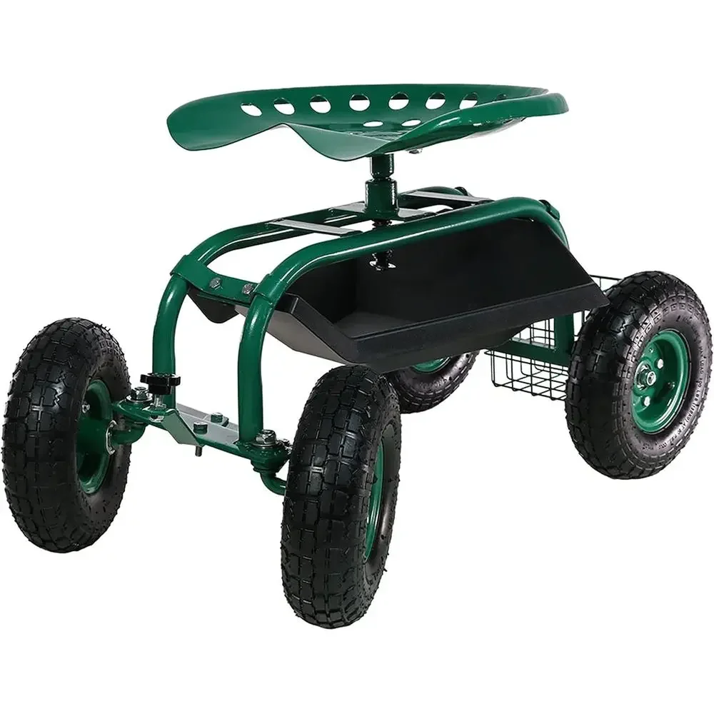 Adjustable Swivel Seat Garden Cart with Wheels, Utility Tray, and Storage Basket - Green