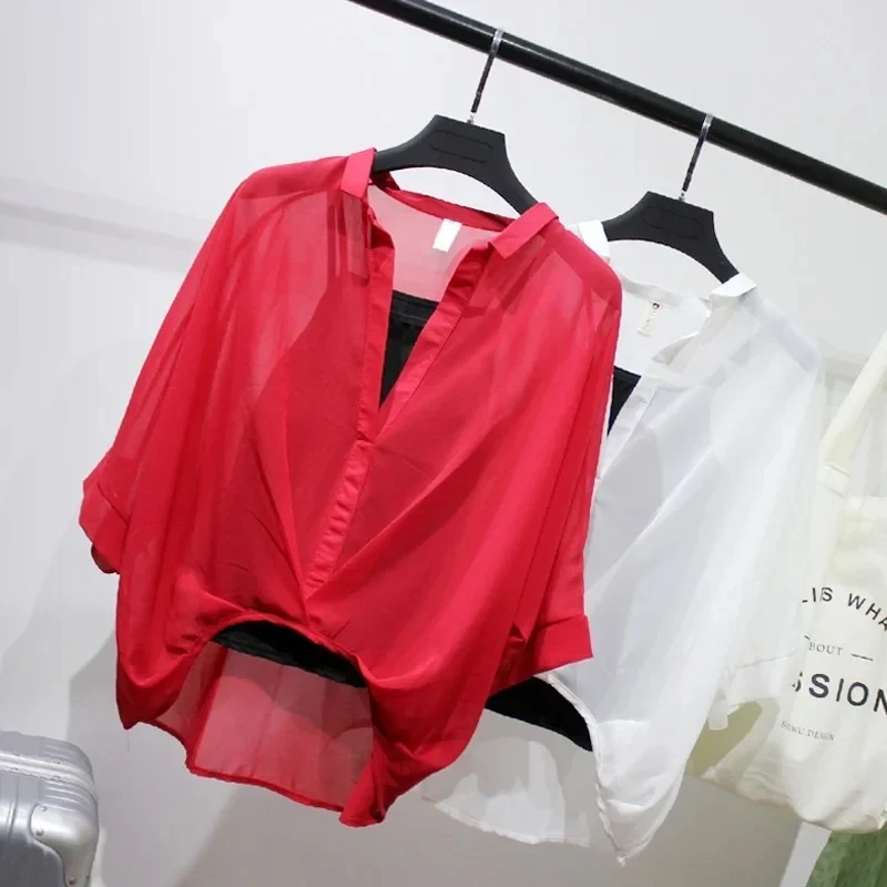 2025 Moda Set due pezzi Camicie in chiffon Mezza manica estiva Allentata scollo a V Grembiule casual Canotta solida sexy e slim fit 19483