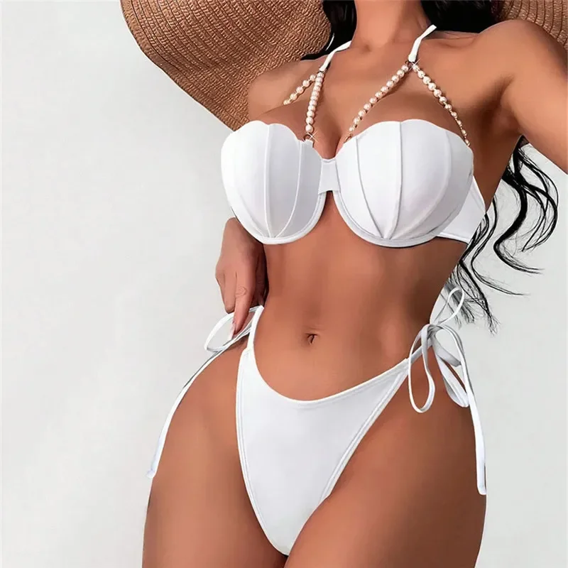 

Sexy pearl Shell High Waist Bikinis Set Push Up Swimsuit Women Swimwear Drawstring Bathing Suit Brazilian Bikini Mujer Biquinis