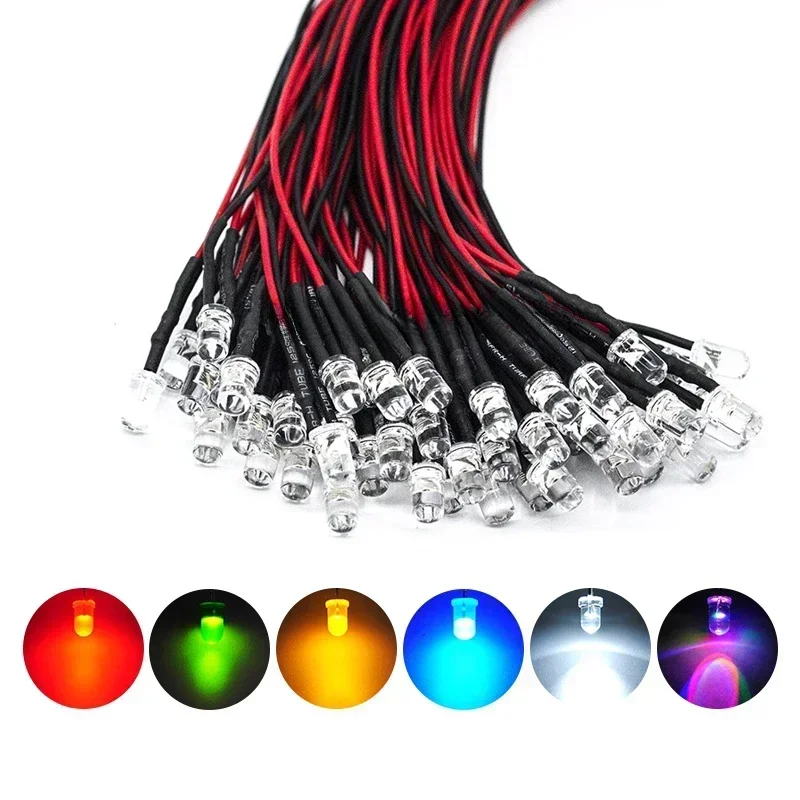 10/50pcs 3V 5V 12V 24V DC 5mm Water Clear LED Diodes Red/Green/Blue/Yellow/UV/Orange/Pink/Warm/White/RGB Pre-Wired 20cm Cable