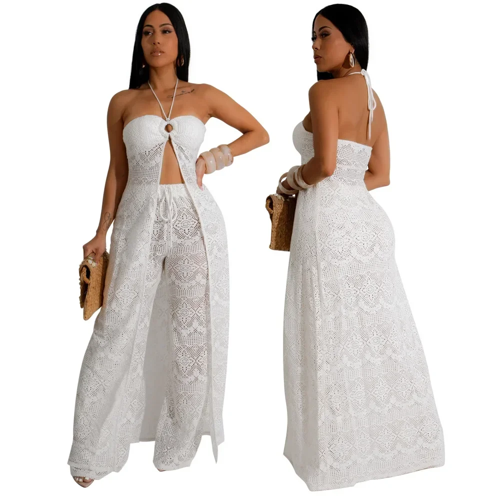 

Women's Tracksuit Backless Strapless Halter Long Top and Wide Leg Pants Suit Lace Hollow Out Two 2 Piece Set Outfits