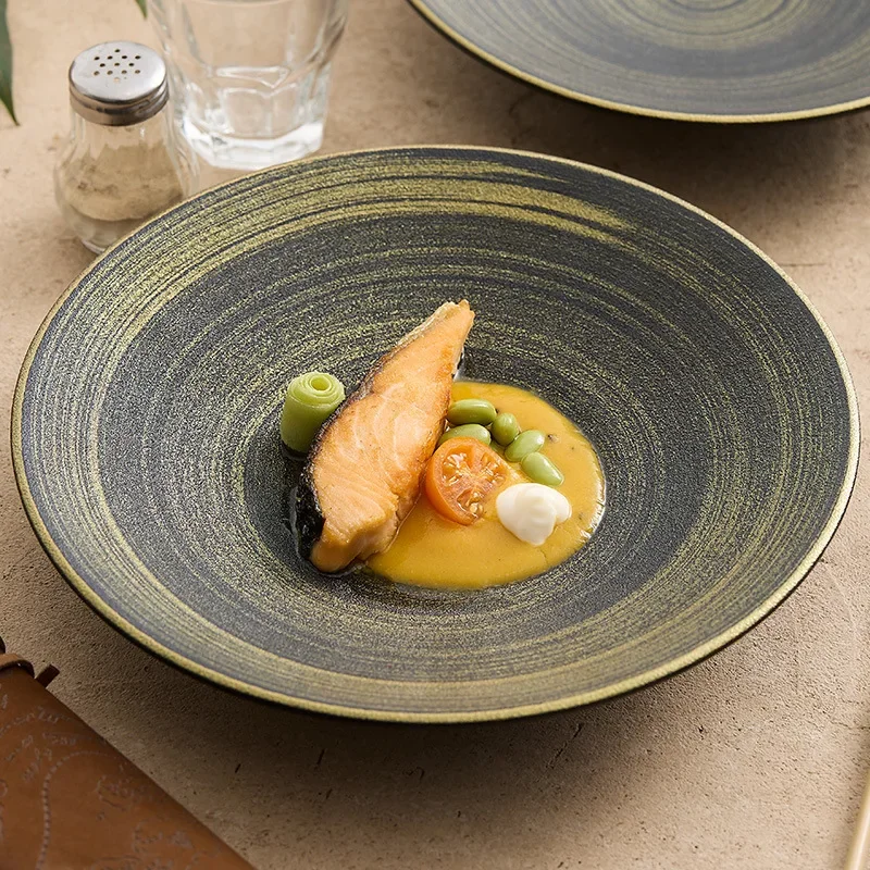 

Hand Drawn Black Gold Sand Ceramic Bowl, Bamboo Hat Bowl, Soup Plate, Ramen Bowls, Dessert Plate, Restaurant Tableware