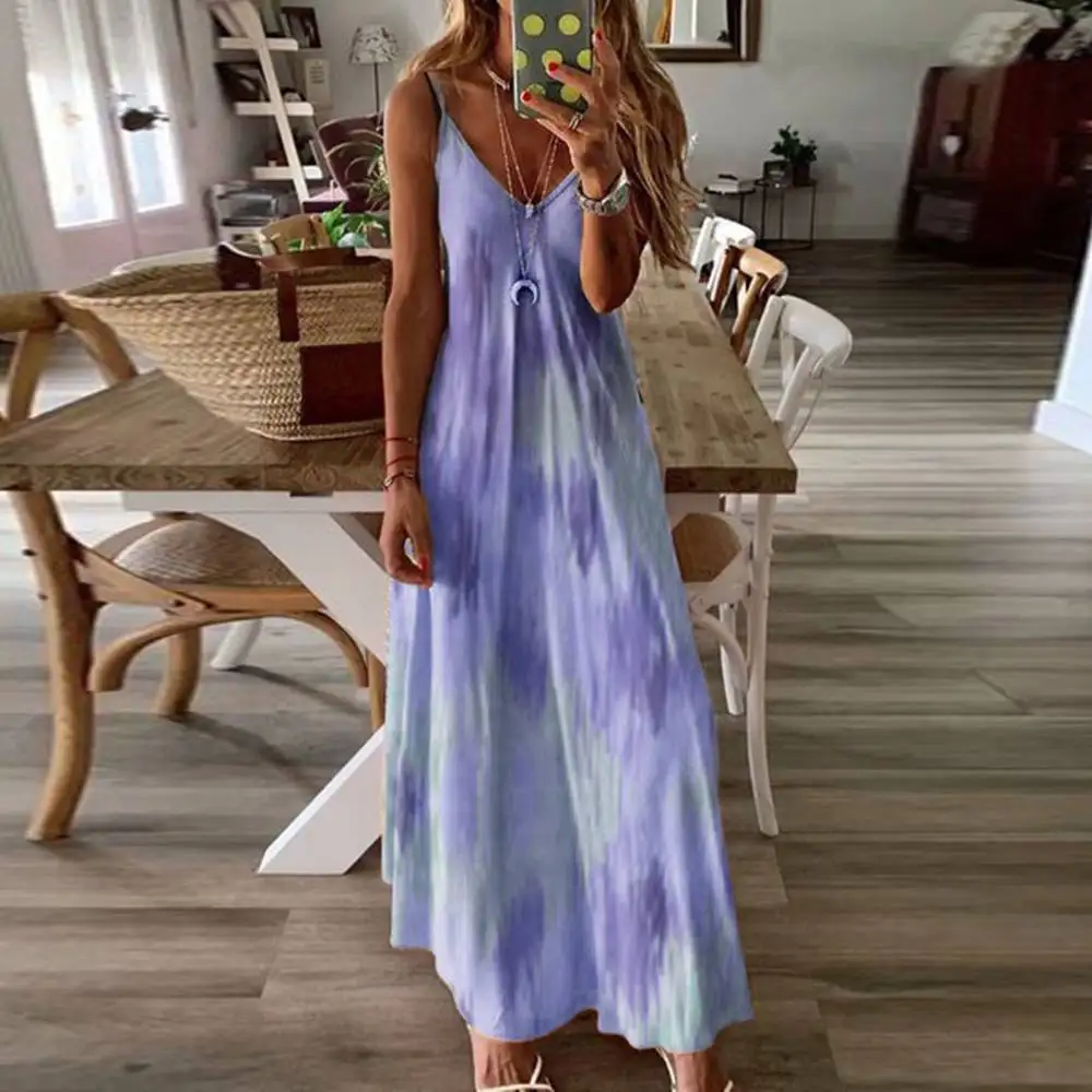 Summer New Tie Dye V-Neck Slip Dress Women Casual Daily Cami Maxi Dress Ladies Spaghetti Strap Sleeveless Dress House Long Skirt