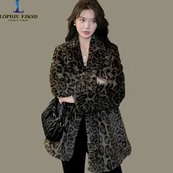 Faux Mink Fur Coat for Women,Double Breasted Jacket,Thick Warm Clothes,Leopard Print,England Style,Autumn and Winter, 2024