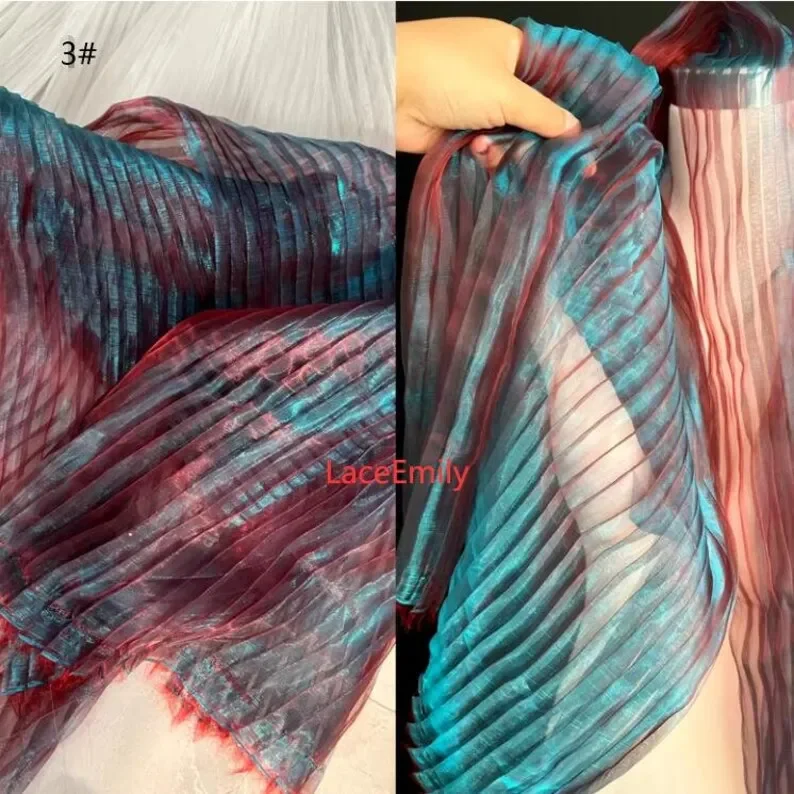 Tessuto di pizzo organza pieghettato sfumato blu Tessuto di pizzo Ombre increspato blu rosso per abito da ragazza Abito tutu Abito da sposa Abito da sposa