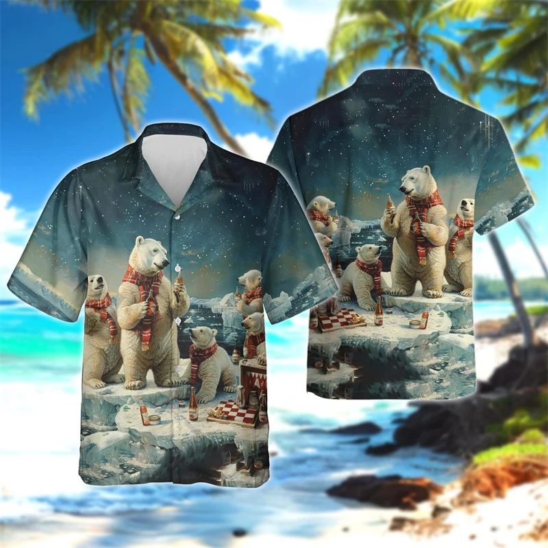 

Hip Hop Cute Polar Bear 3D Print Shirts For Men Clothes Funny Animal White Bear Kawaii Women Short Sleeve Y2k Lapel Blouse Tops