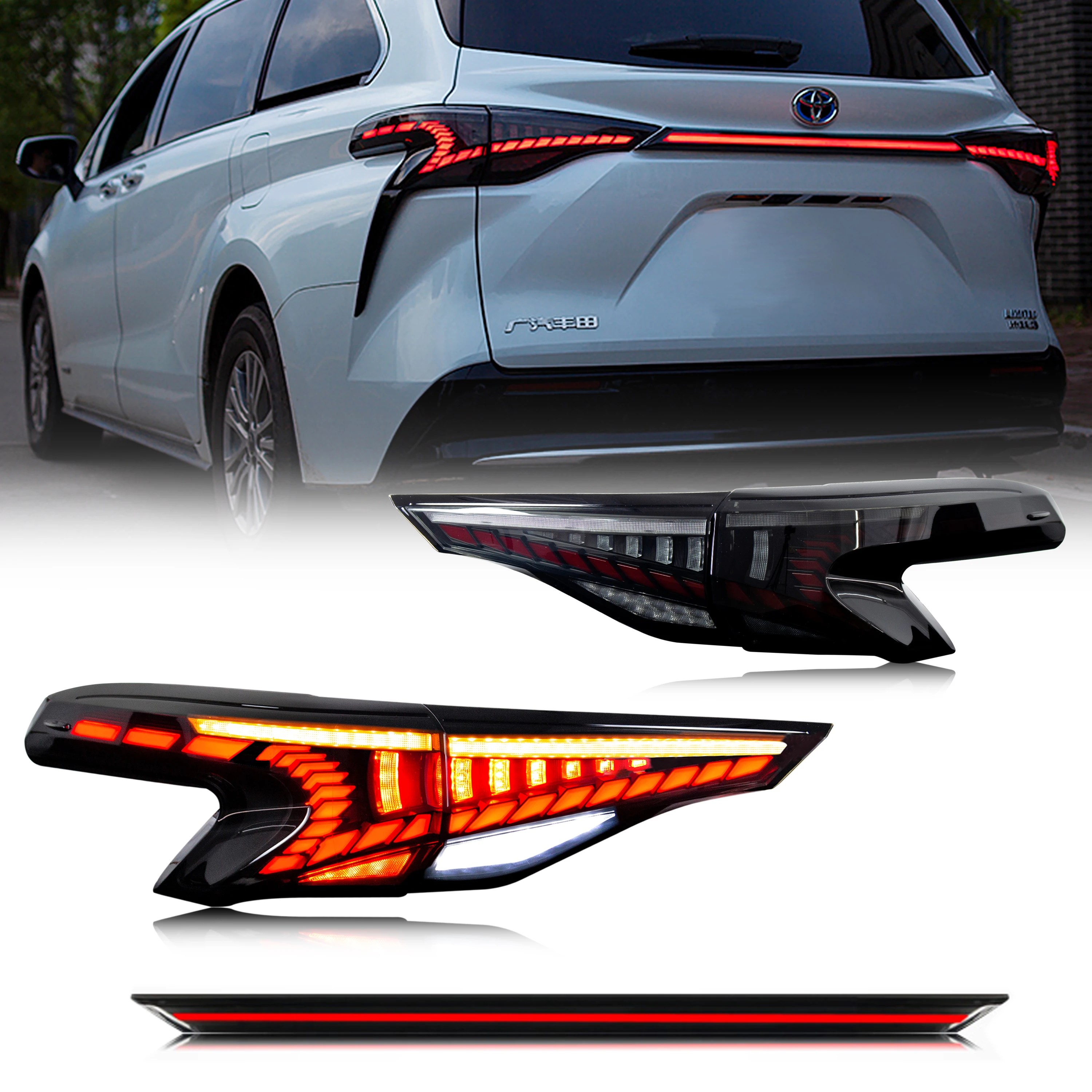 LED Tail Lights & Middle Lamp for Toyota Sienna 2021 2022 2023 2024 Start-up Animation Sequential Indicator Rear Lamps Set