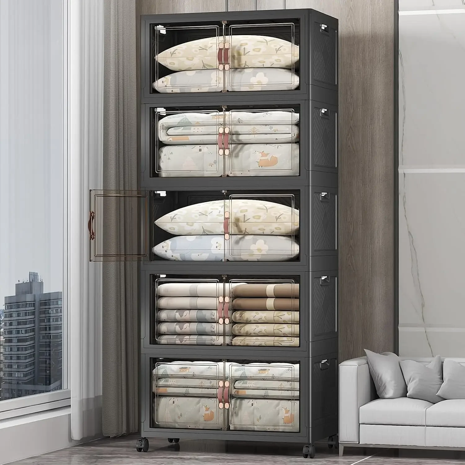 Stackable Storage Bins with Lids & Wheels & Door, Foldable Collapsible Closet Organizers, Extra Large